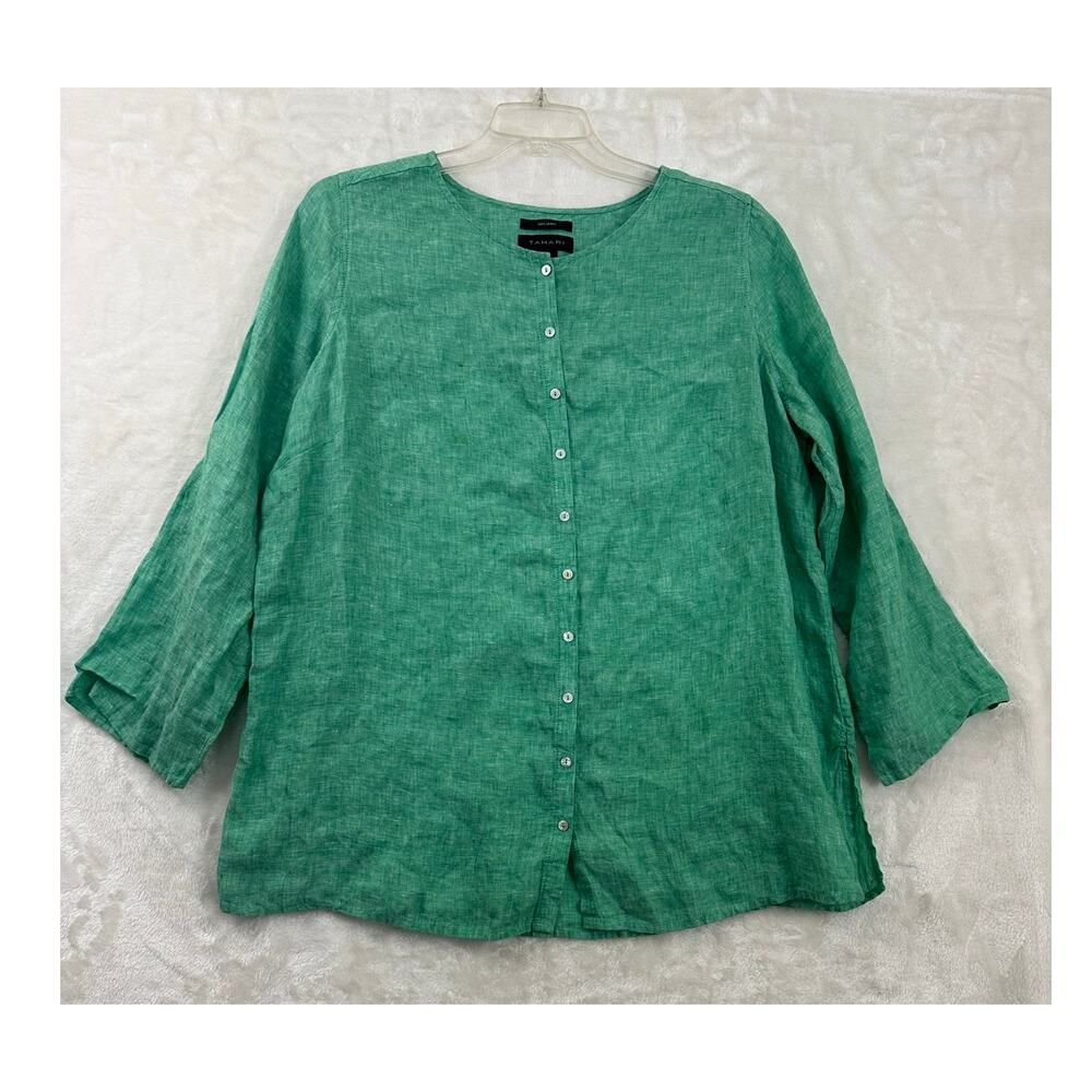 Tahari Green 100% Linen Button Top 1X Roll Tab Sleeves Beachy